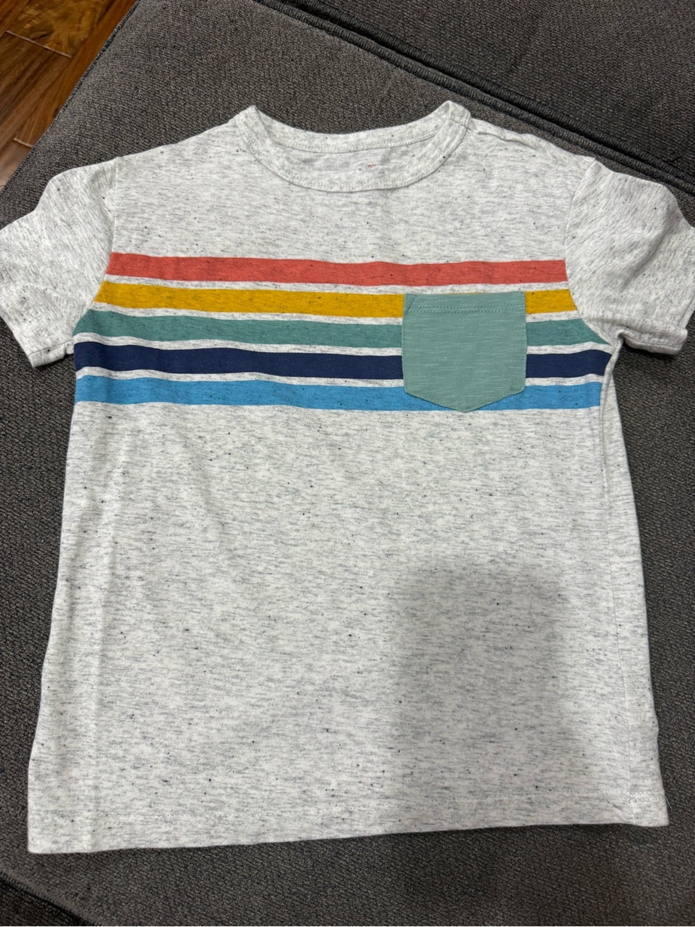 Cat & Jack Heather Gray Tee with Rainbow Chest Stripes and Green Pocket